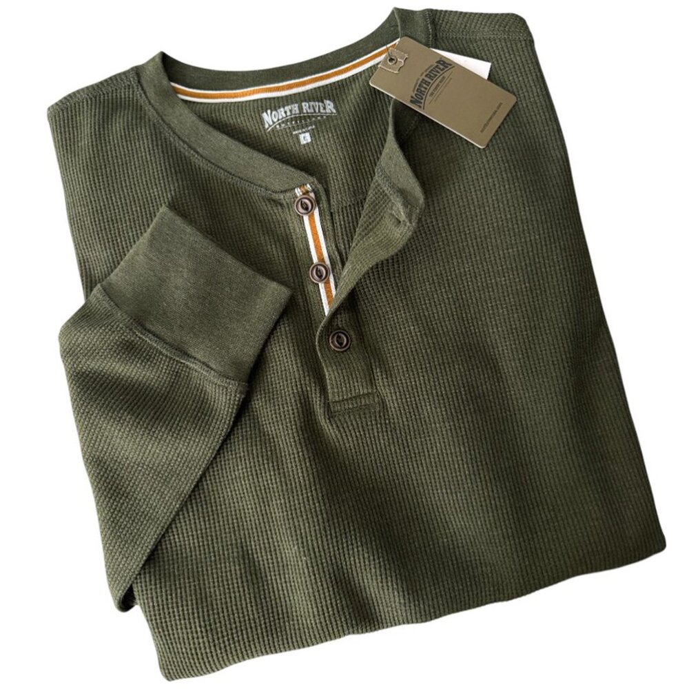 NORTH RIVER OUTFITTERS WAFFLE KNIT HENLEY SHIRT OLIVE LONG SLEEVE CHORE NWT L